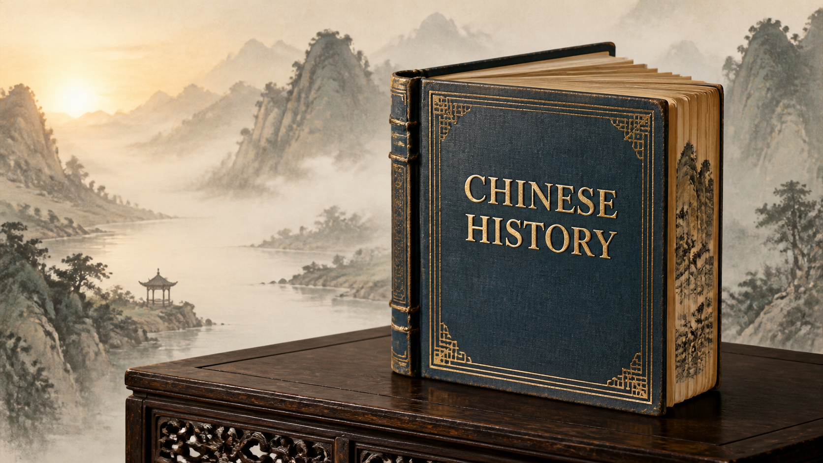 An open history volume before a mountain landscape